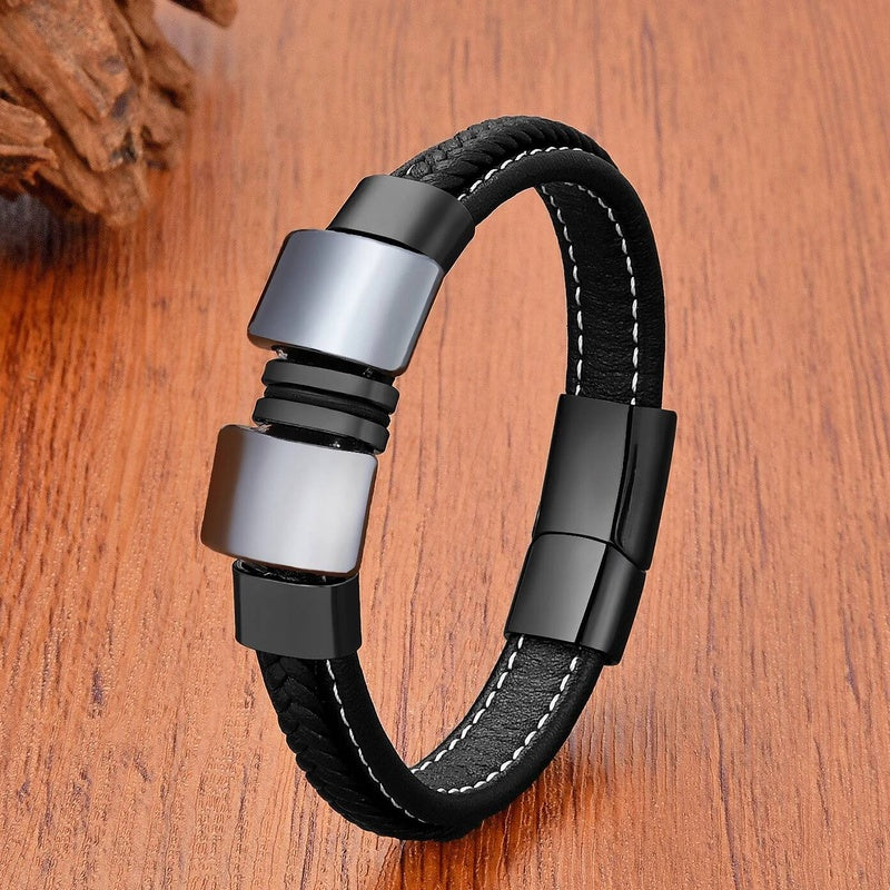 Trendy Leather Men Stainless Steel Bracelet Black Braided Rope Bracelets Punk Style Personality Stoner Jewelry Gifts Hematite-A