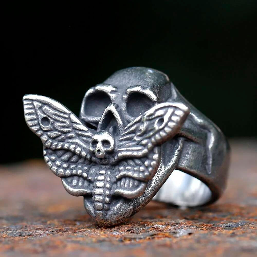 Moth & Skull Stainless Steel Ring - Retro Punk Hip Hop Gothic Men's Jewelry Gift