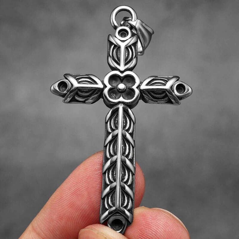 316L Stainless Steel Flower Cross Pendant Necklace for Men