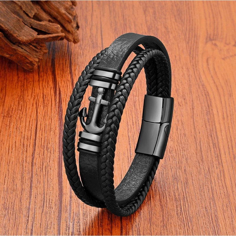 Black Braided Leather Bracelet with Green Jade Beads - Stylish Multi-Layer Magnetic Clasp Jewelry for Casual Wear and Gifts Black Metal