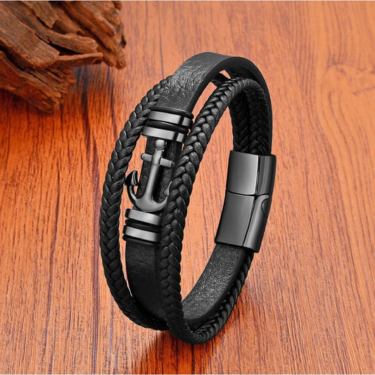 Black Braided Leather Bracelet with Green Jade Beads - Stylish Multi-Layer Magnetic Clasp Jewelry for Casual Wear and Gifts Black Metal