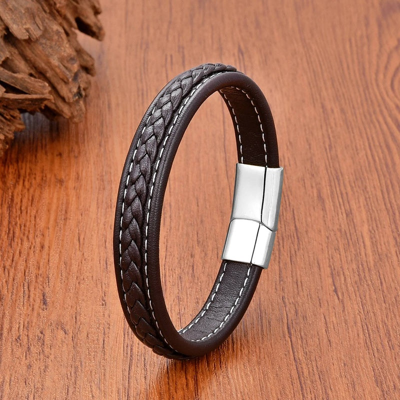 Vintage Men Europe and America Stainless Steel Magnet Open Bangle Multi-Size Woven Leather Hand Rope Classic Party Gift Present Style G-White
