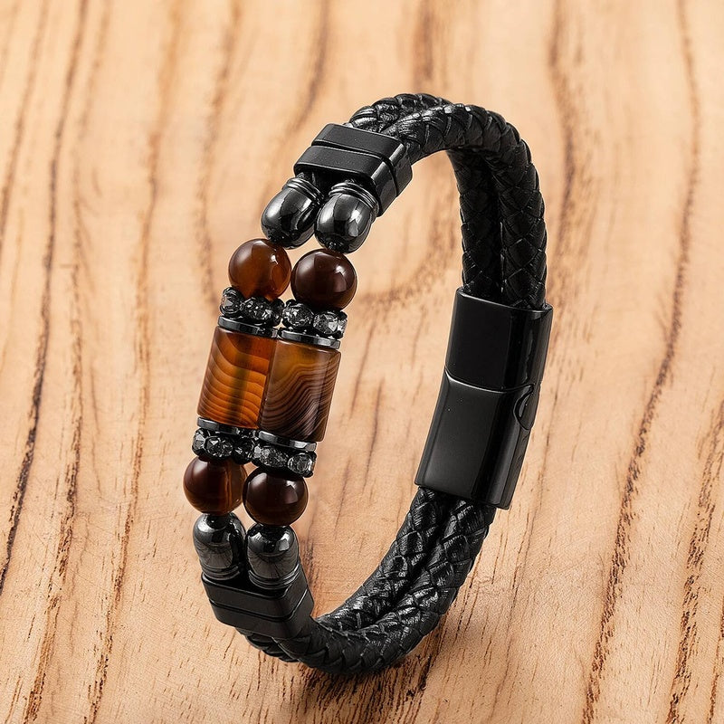 Black Braided Leather Bracelet with Green Jade Beads - Stylish Multi-Layer Magnetic Clasp Jewelry for Casual Wear and Gifts Agate-B