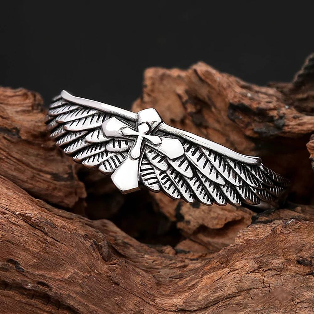 Angel Wings Cross Bangle – Gothic Stainless Steel Bracelet