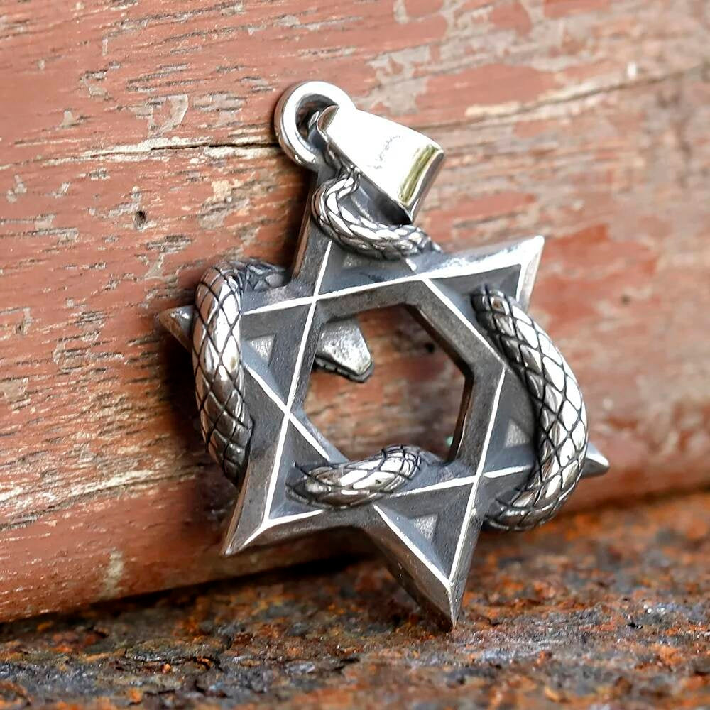 Hexagram Snake Pendant – Stainless Steel Occult Star Necklace