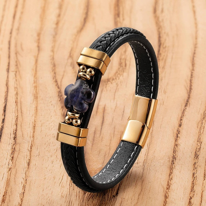 Black Braided Leather Bracelet with Green Jade Beads - Stylish Multi-Layer Magnetic Clasp Jewelry for Casual Wear and Gifts Gold-F