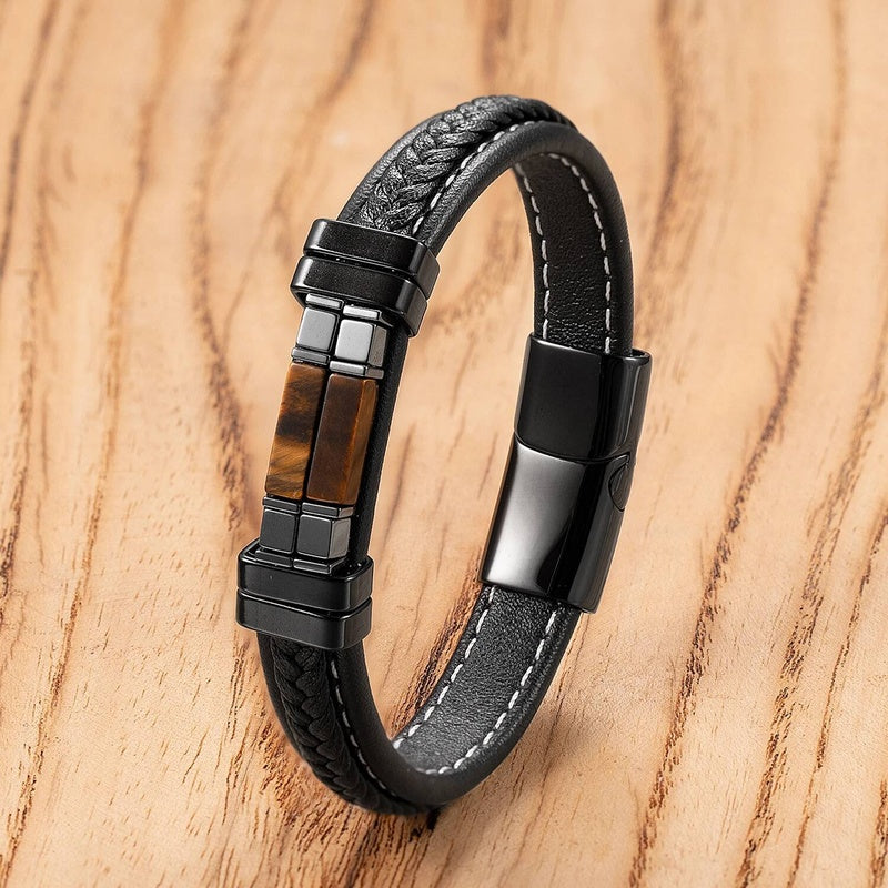 Vintage Woven Leather Rope For Men Personality Stone Bangles Bracelets Punk Stainless Steel Wristband Jewelry Gifts Style-F