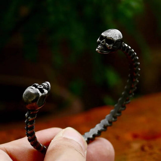 Double Skull Open Cuff Bracelet for Men Gothic Punk Rock Biker Jewelry 316L Stainless Steel Spine Design