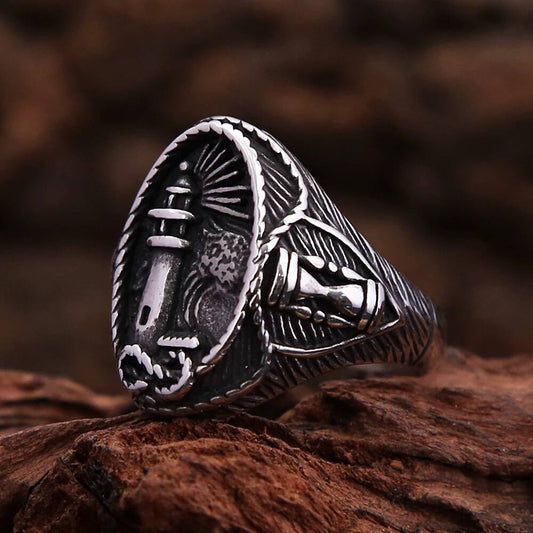 Vintage Viking Lighthouse Ring – 316L Steel Nautical Signet Band