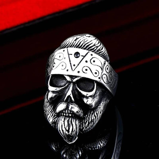 Viking Skull Ring with Beard Stainless Steel Biker Jewelry