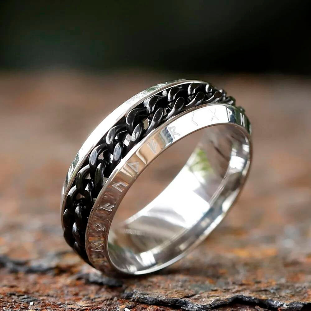 Rotating Rune Chain Ring – 8 mm Titanium Steel Viking Fidget Spinner Band black