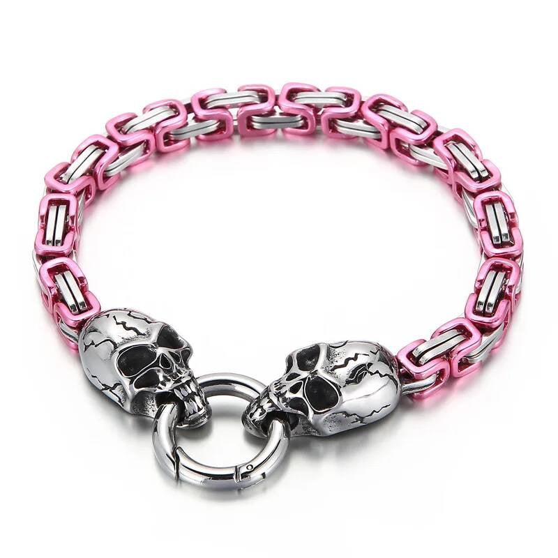 6mm Colorful Royal Skull Bone Chain Bracelet Men Stainless Steel Jewelry Pink