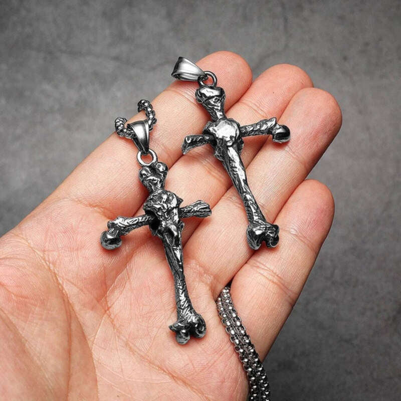 Skeletal Cross Pendant Necklace, Bold Gothic Religious Jewelry with Bone-Inspired Design