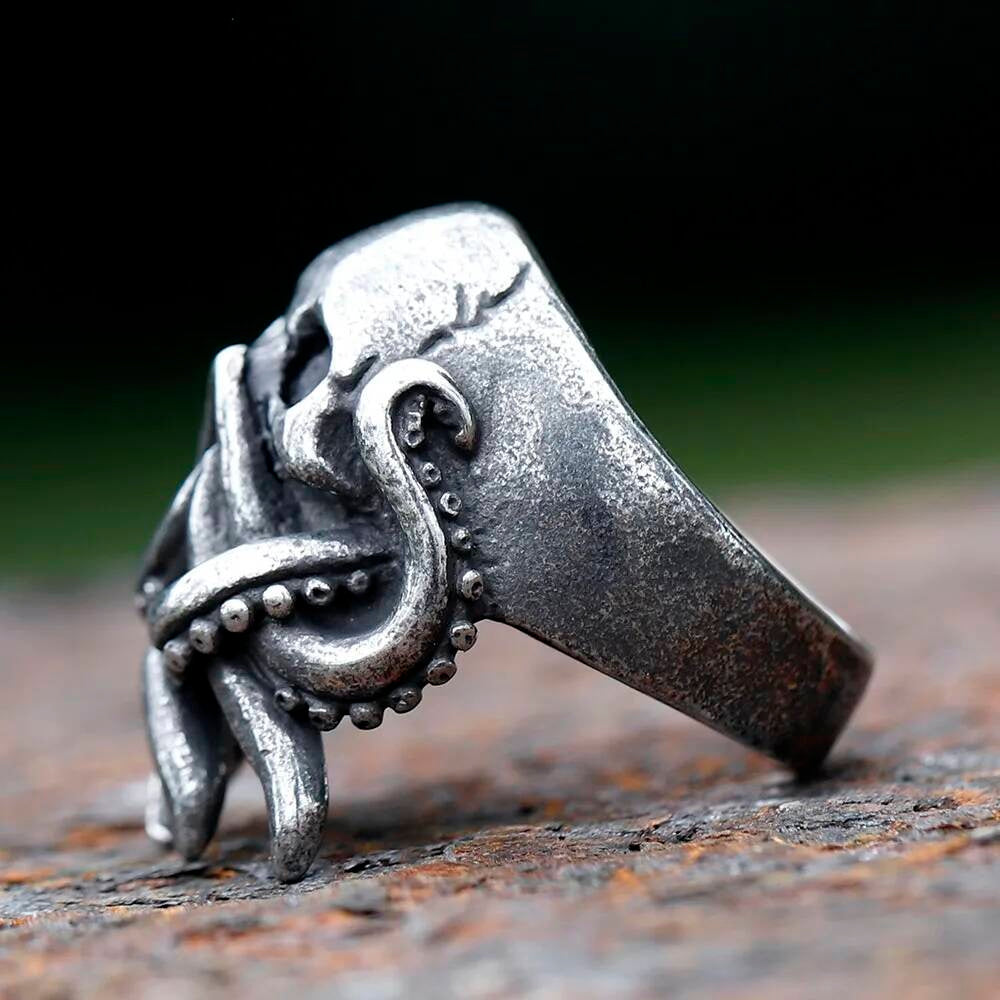 Goth Octopus Skull Ring - Stainless Steel Nautical Biker Jewelry for Men