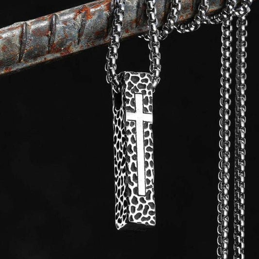 316L Stainless Steel Hammered Bar Cross Pendant Necklace