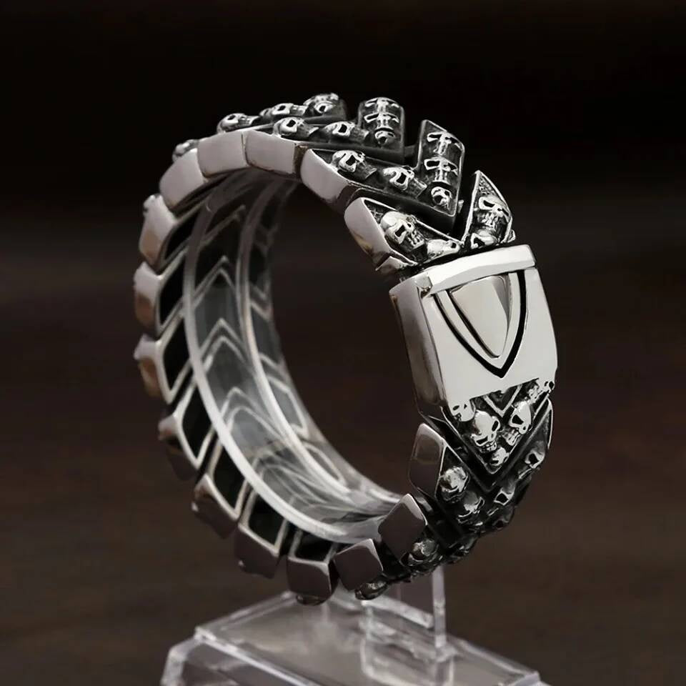316L Stainless Steel Viking Skull Bracelet with Triquetra Symbol | Gothic Norse Jewelry