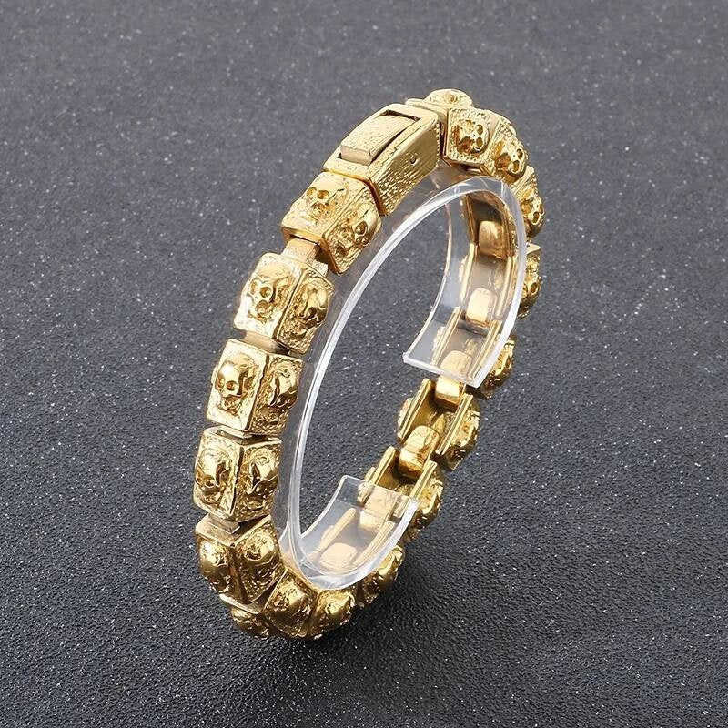 14mm Skull Bone Charm Bracelet Men Punk Stainless Steel 316L Jewelry Gold Color 22cm