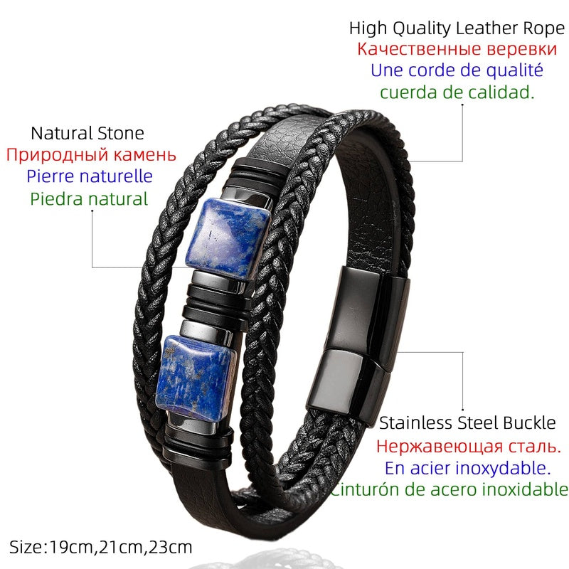 Geometric Stone Bangle Stainless Steel Multilayer Hand Woven Genuine Leather Bracelet For Men Jewelry Gift