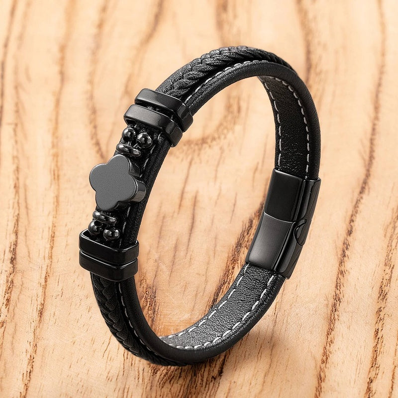 Black Braided Leather Bracelet with Green Jade Beads - Stylish Multi-Layer Magnetic Clasp Jewelry for Casual Wear and Gifts Style-A