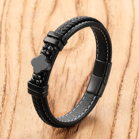Black Braided Leather Bracelet with Green Jade Beads - Stylish Multi-Layer Magnetic Clasp Jewelry for Casual Wear and Gifts Style-A