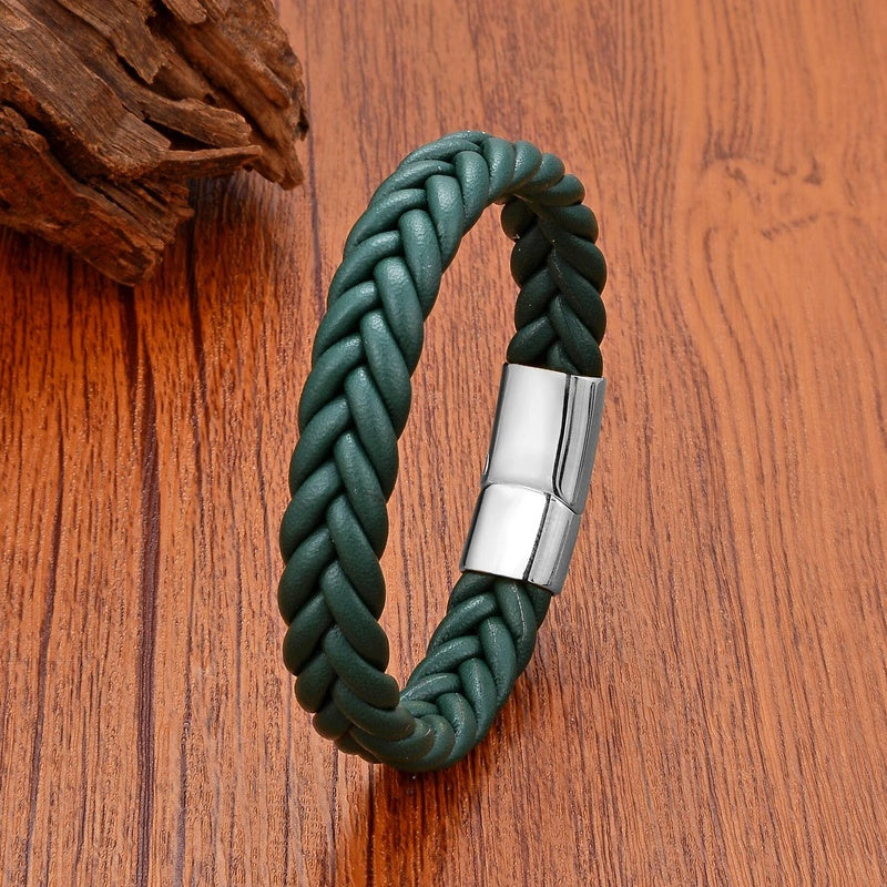 Black Braided Leather Bracelet with Green Jade Beads - Stylish Multi-Layer Magnetic Clasp Jewelry for Casual Wear and Gifts Green Leather-White