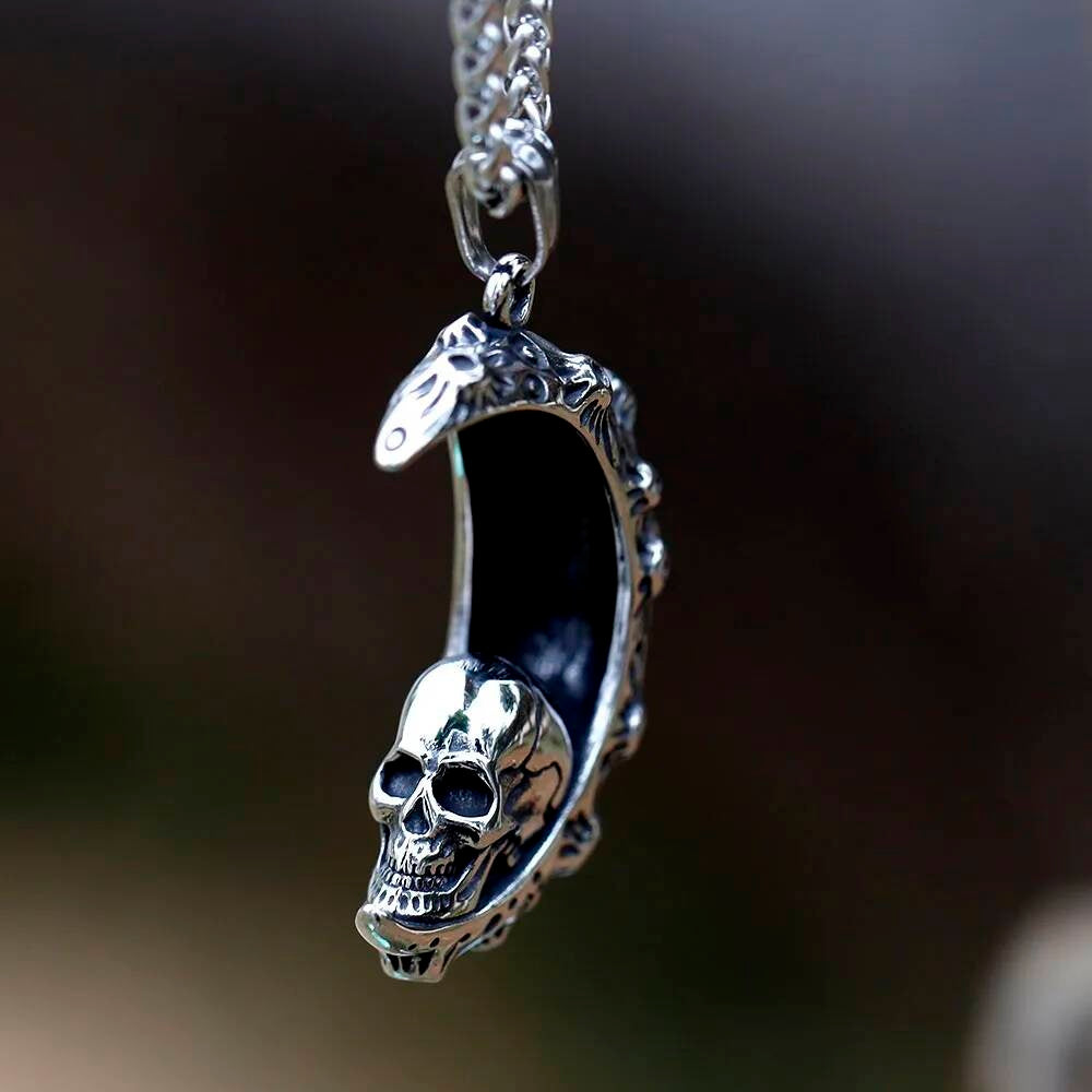 Skull Moon Pendant Necklace – Gothic Stainless Steel Crescent Moon with Skull