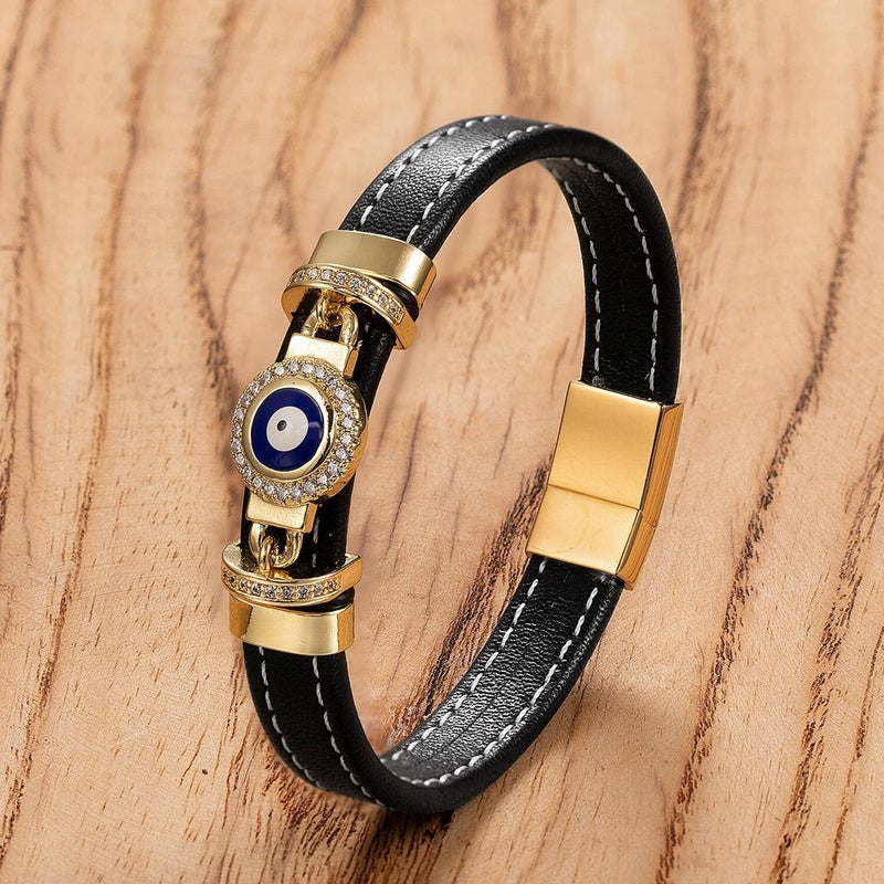 Woven Leather Turkish Blue Evil Eye Zircon Bracelet Punk Stainless Steel Jewelry Fashion Charm Valentines Day Gift Gold-E