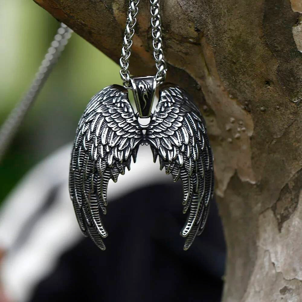 Angel Wings Pendant Necklace, Silver Gothic Jewelry with Detailed Wing Design