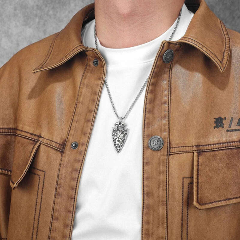 Viking Arrowhead Vegvisir Pendant Necklace – 316L Stainless Steel Norse Amulet