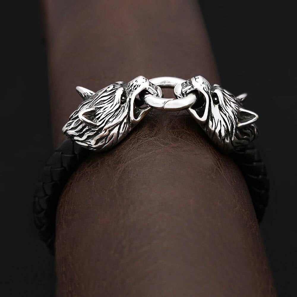 Viking Wolf Head Leather Bracelet – Norse Mythology Jewelry