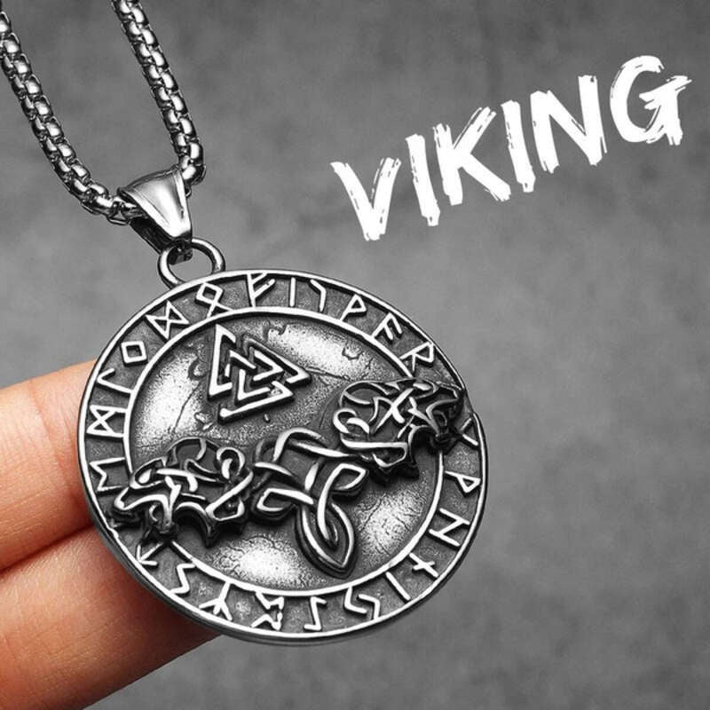 316L Stainless Steel Valknut Wolf Rune Pendant – Norse Viking Amulet Necklace N1506-60cm chain