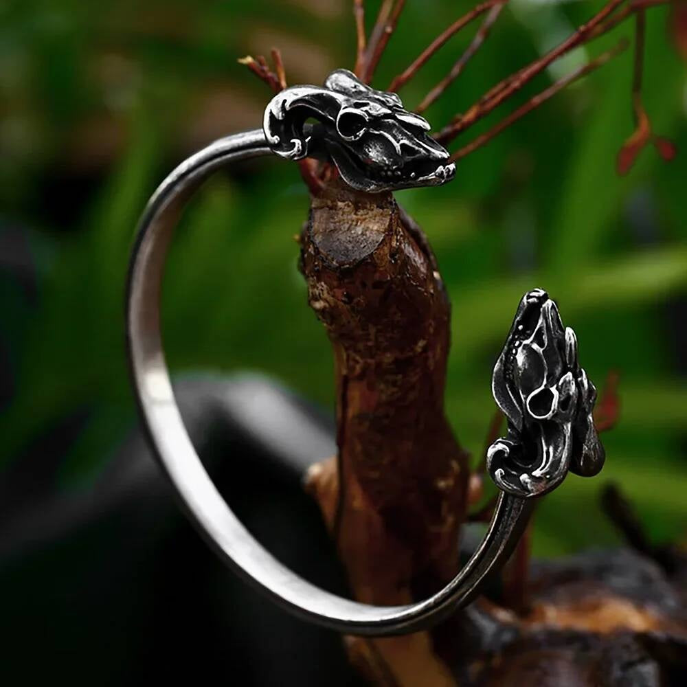 Viking Wolf Head Open Bangle – Stainless Steel Norse Bracelet Style A