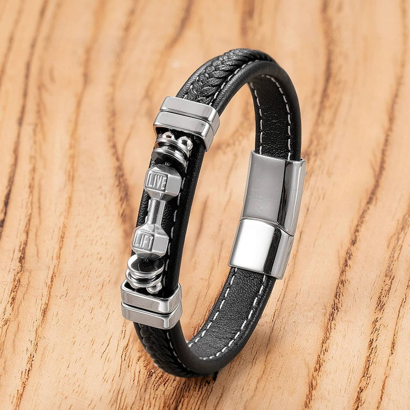 Weave Leather Dumbbell Shape Special Popular Pattern Men's Bracelet for Men Stainless Steel Jewelry Accessories Party Gift Gold-B