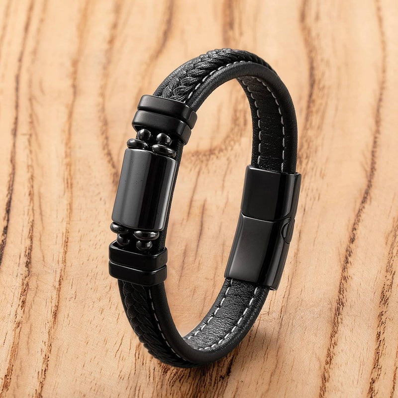 Black Braided Leather Bracelet with Green Jade Beads - Stylish Multi-Layer Magnetic Clasp Jewelry for Casual Wear and Gifts Hematite