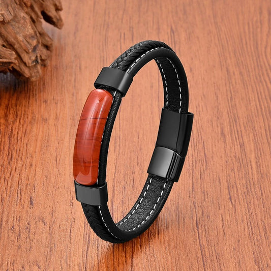 Fashion Geometric Shape Onyx Stone Bracelets Ladies Black Multilayer Leather Rope Men Bracelet Stainless Steel Jewelry Wholesale Black-B
