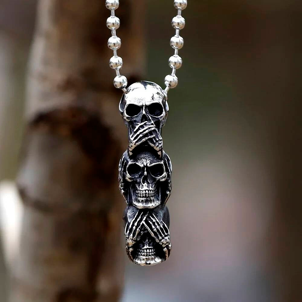 316L Stainless Steel Three Skull Pendant Necklace Gothic Style