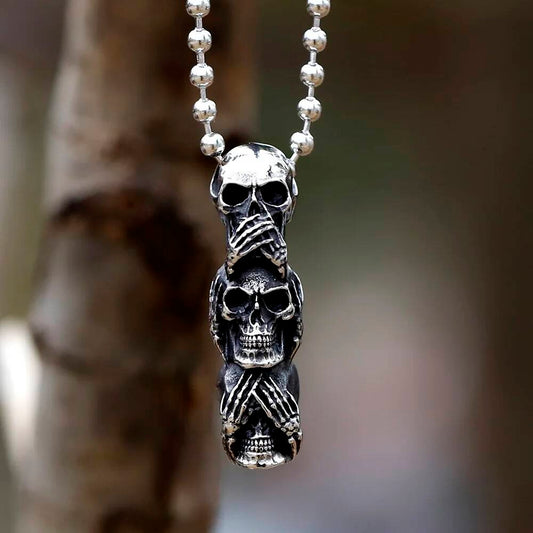 316L Stainless Steel Three Skull Pendant Necklace Gothic Style