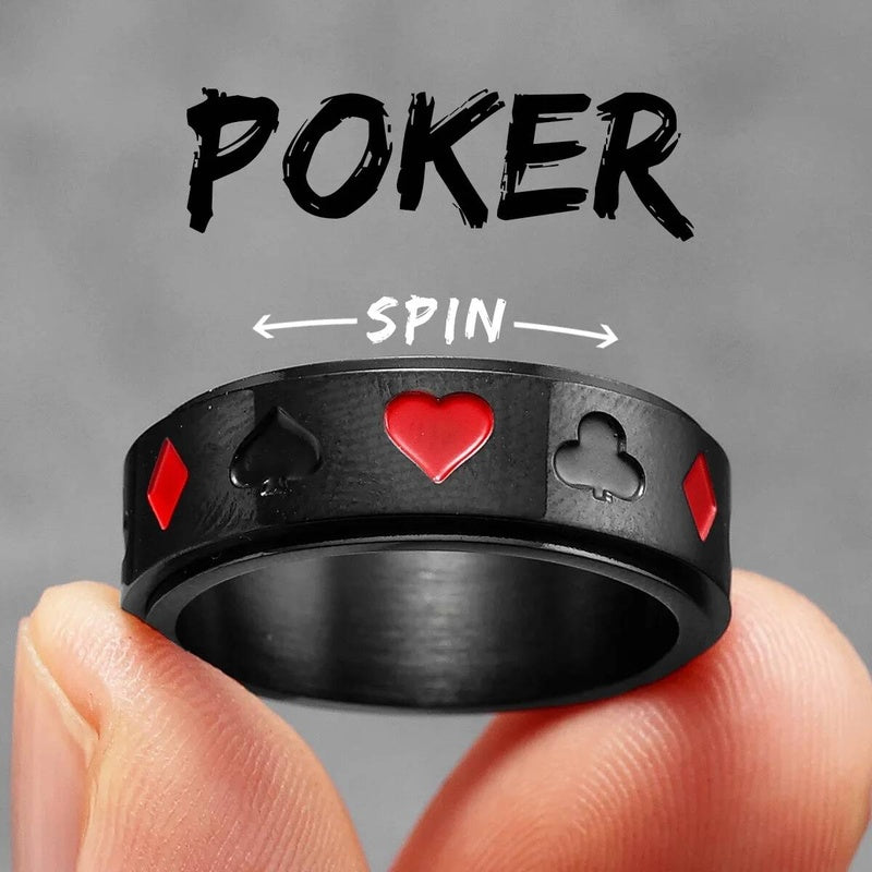 Lucky Poker Fidget Spinner Ring 316L Stainless Steel Punk Jewelry for Men R1291-Poker-B