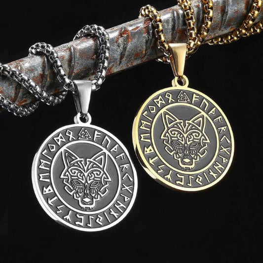 Men’s Viking Wolf Head Rune Pendant Necklace – 316L Stainless Steel Norse Amulet