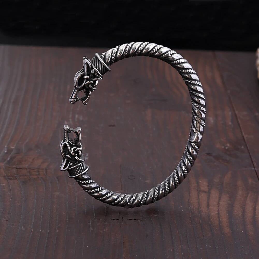 Viking Wolf Head Cuff Bracelet – Norse Mythology Stainless Steel Armring