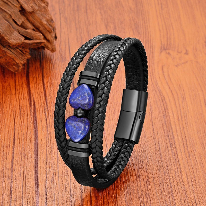 Black Braided Leather Bracelet with Green Jade Beads - Stylish Multi-Layer Magnetic Clasp Jewelry for Casual Wear and Gifts Lapis lazuli