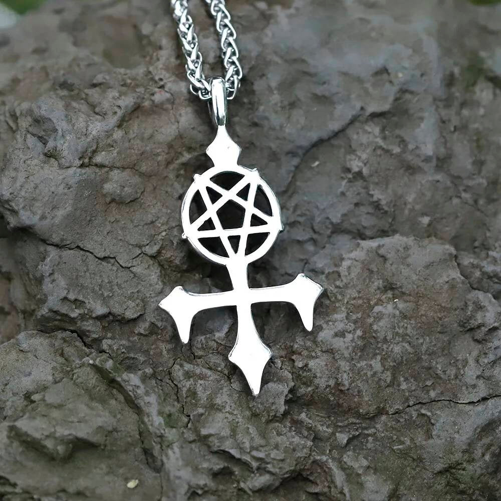Pentagram Cross Pendant Necklace, Silver Gothic Jewelry with Occult Symbol