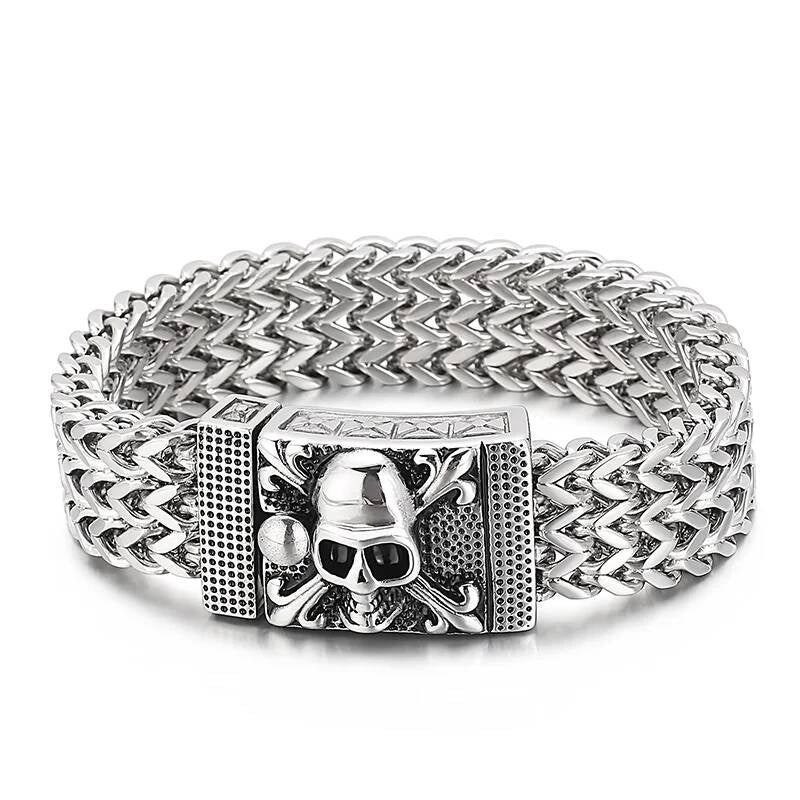 17mm Heavy Mesh Chain Bracelet Men With Devil Ghost Skull Charm Vintage Jewelry Surprise Gift For Husband Steel Color 21cm