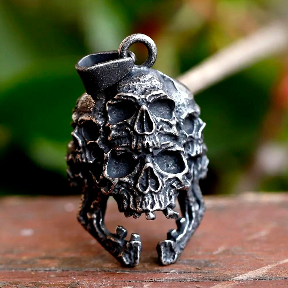 Stacked Skull Pendant Necklace, Silver Gothic Jewelry with Dark Symbolism