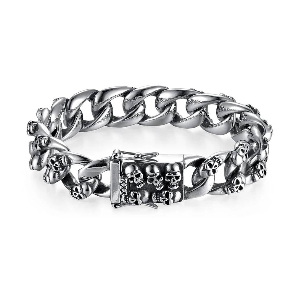 Heavy Skull Chain Bracelet for Men Gothic Punk Rock Biker Jewelry 316L Stainless Steel Cuban Link Style A 22cm