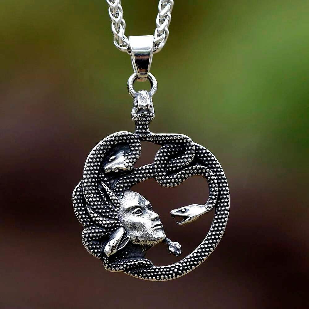 Medusa Snake Pendant Necklace, Silver Gothic Jewelry with Intricate Snake Design