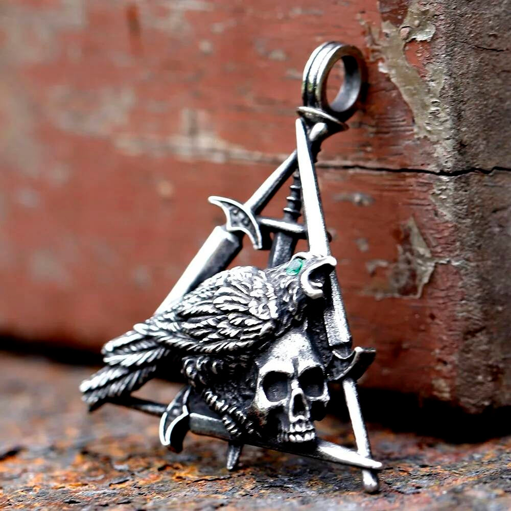 Men's 316L Stainless Steel Raven Skull Pendant Necklace