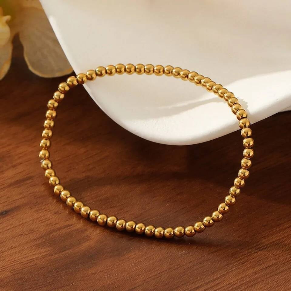 Gold Bead Bracelet – 316L Stainless Steel Polished Ball Beads Elastic Wristband, Minimalist Unisex Jewelry