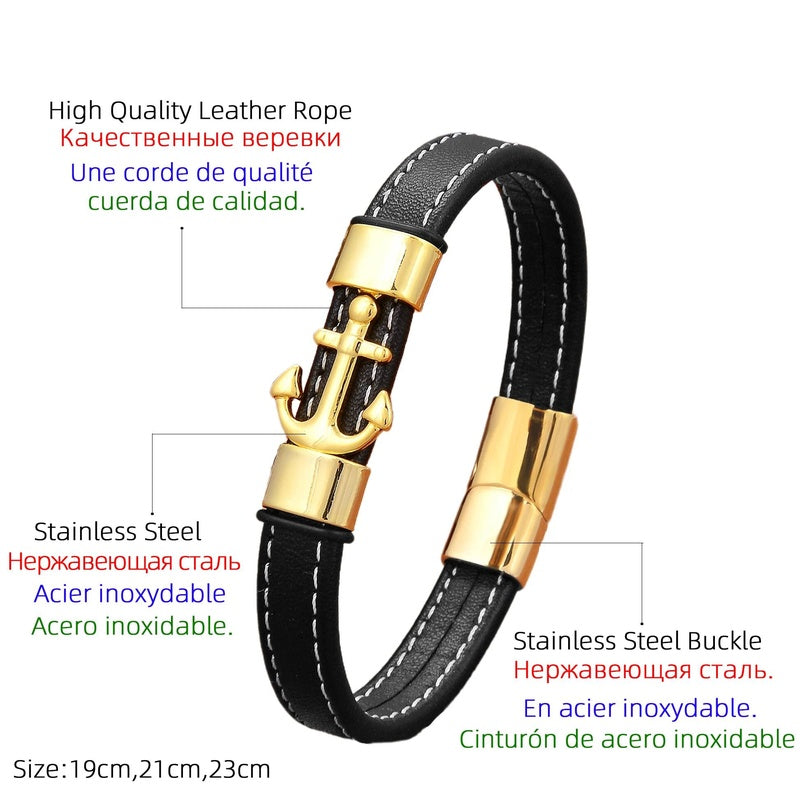 Navy Style Gold Plate Stainless Steel Anchor Bracelet Women, Fashion Handmade Leather Bracelets for Men, Mother's Day Gift