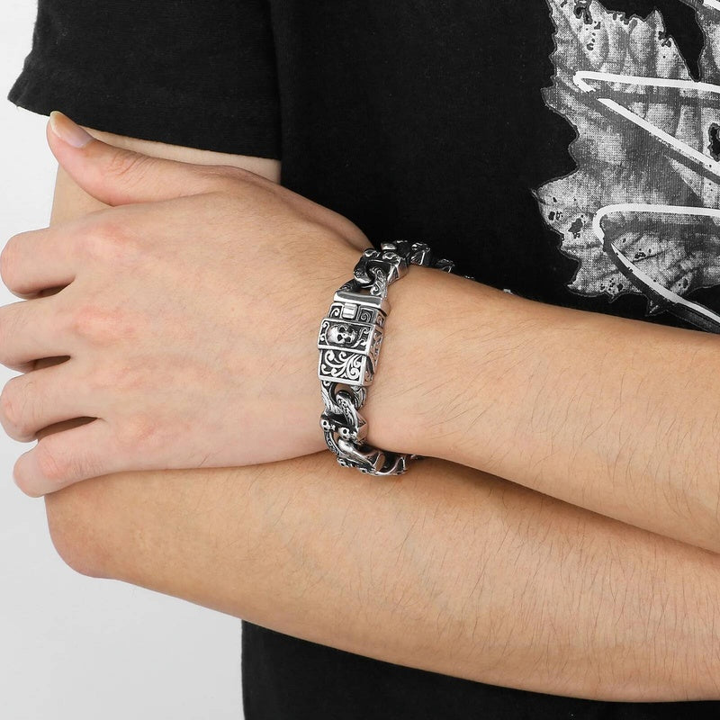 15mm Skull Bone Charm Link Chain Bracelet For Men 316L Stainless Steel Punk Jewelry